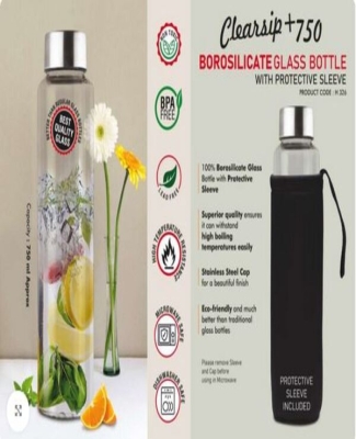 ClearSip+ 750: Borosilicate Glass Bottle with Protective Sleeve | Steel cap | Capacity 750ml