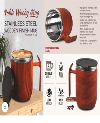 Noble Woody Mug: Stainless Steel Double wall Coffee mug with Wooden Finish | Leakproof | Capacity 460ml approx