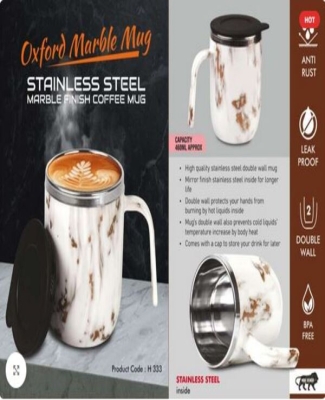 Oxford Marble Mug: Stainless Steel Double wall Coffee mug Marble Finish | Leakproof | Capacity 460ml approx