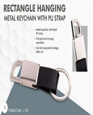 Rectangle hanging metal keychain with PU strap