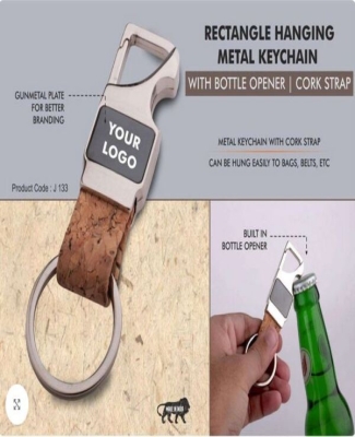 Rectangle hanging metal keychain with Bottle Opener | Cork strap