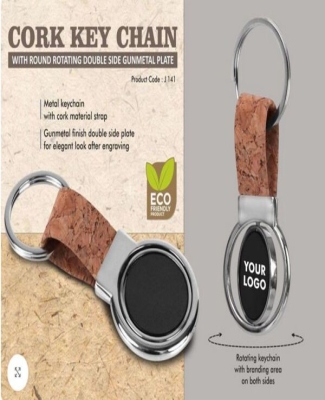 Cork Key chain with Round Rotating Double side Gunmetal plate