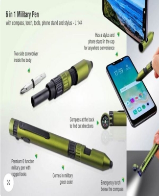 6 in 1 Military pen with compass, torch, tools, phone stand and stylus