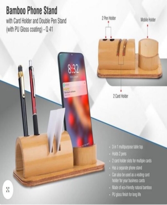 Bamboo phone stand with card holder and double pen stand (with PU Gloss coating)