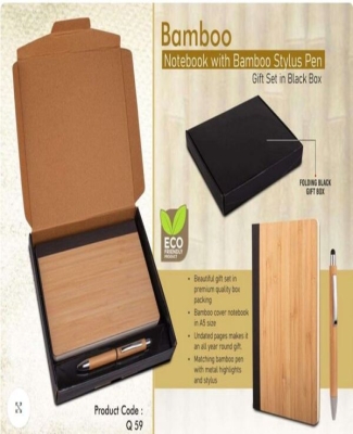 Bamboo Notebook with Bamboo pen | Gift set in Black Texture box