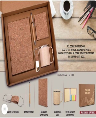 EcoSet 2: Set of A5 Cork notebook, Eco Steel mug, Bamboo Pen, Cork Keychain & Cork Sticky notepad in Kraft Gift Box