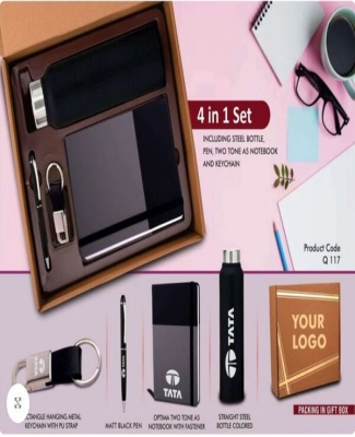 4 in 1 Dual Tone set: Rectangle metal keychain, SS colored bottle, Metal Pen and A5 PU notebook in Kraft Gift Box