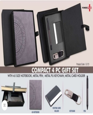 Compact 4 pc Gray gift set: A5 size Notebook, Metal pen, Metal PU Keychain, Metal Card holder