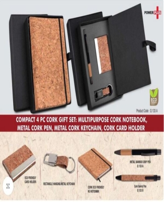 Compact 4 pc Cork gift set: Cork Notebook, Cork pen, Metal Cork Keychain, Cork Card holder