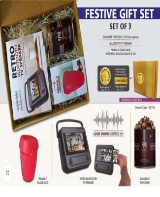 Festive Gift Set of 3: Premium Glass mug, Bluetooth TV Speaker & Gourmet Popcorn | Metal Plate included