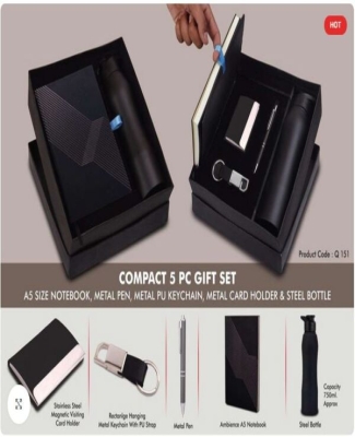 Compact 5 Pc Black Gift Set: A5 Size Notebook, Metal Pen, Metal Pu Keychain, Metal Card Holder & Straight Steel Bottle