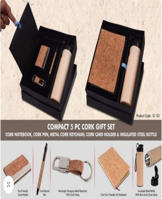 Compact 5 Pc Cork Gift Set: Cork Notebook, Cork Pen, Metal Cork Keychain, Cork Card Holder & Insulated Steel Bottle