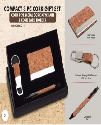 Compact 3 Pc Cork Gift Set: Cork Pen, Metal Cork Keychain & Cork Card Holder