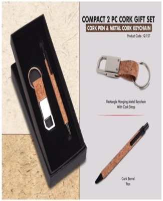 Compact 2 Pc Cork Gift Set: Cork Pen & Metal Cork Keychain