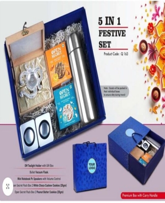 Festive Set of 5: OM Metal Tealight holder, Mini PC Speaker, Bullet Vacuum Flask, 2 Choco Cashew Cookies, 2 Peanut Butter Cookies