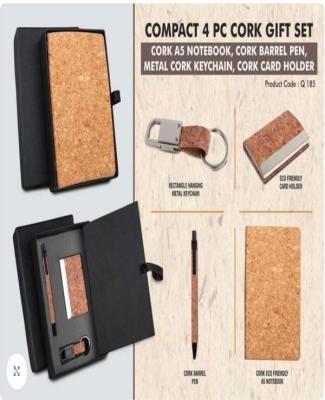 Cork 4 pc set: Cork notebook with card holder, hanging cork keychain and cork pen