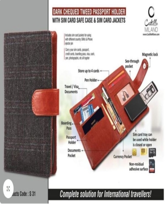 Dark Chequed Tweed Passport holder with Sim Card Safe Case & Sim Card Jackets