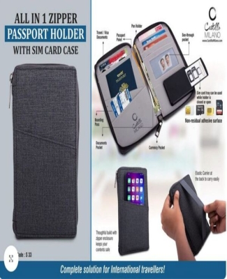 All in 1 Zipper Passport holder with Sim card case- Gray