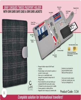 Gray Chequed Tweed Passport holder with Sim Card Safe Case & Sim Card Jackets