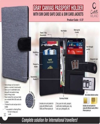 Gray Canvas Passport holder with Sim Card Safe Case & Sim Card Jackets