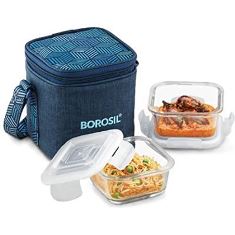 FOODLUCK GLASS LUNCH BOX (SQUARE - SET OF 2 BLUE) - HORIZONTAL