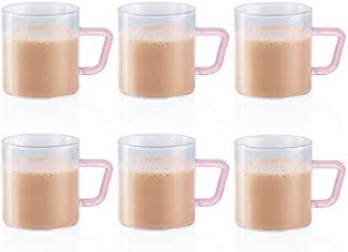 SET OF 6 COLOUR MUGS PINK HANDLE