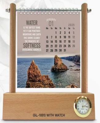 WOODEN TABLE CALENDAR WITH WATCH