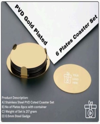 STAINLESS STEEL GOLD FINISH PVD COTTING 6 PLATES COASTER SET