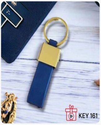 Metal Gold Finish with Blue Leatherette Loop Keychain