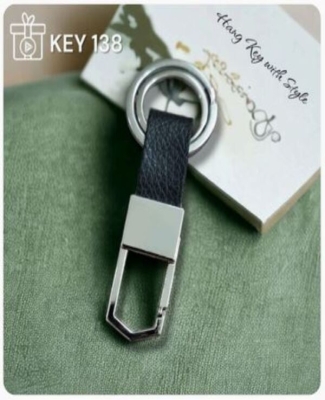 Metal Hook with Black Leatherette Loop two Ring Keychain