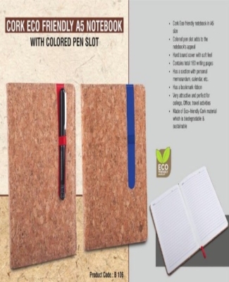 Cork Eco friendly A5 notebook with Colored pen slot | Hard bound cover | With memorandum & Bookmark ribbon| 80 gsm sheets | 160 undated pages