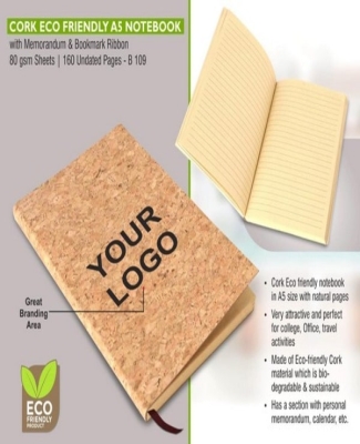 Cork Eco friendly A5 notebook with memorandum & Bookmark ribbon| 80 gsm sheets | 160 undated pages