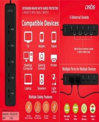 Artis Extension board with surge protector | 5 sockets with single switch | (AR-5SS-CB) (MRP 799)