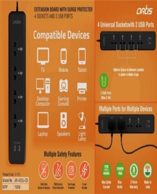 Artis Extension board with surge protector | 4 sockets and 2 USB ports (AR-4SSU-CB) (MRP 1599)