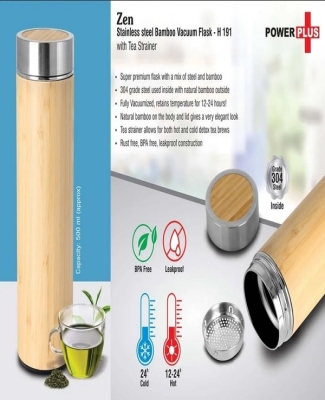 Zen: Stainless steel Bamboo Vacuum flask with Tea Strainer | Capacity 500 ml approx