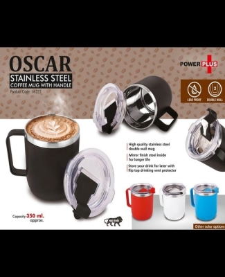 Oscar: Stainless Steel coffee mug with handle | Premium clear cap with flip top lid | Leak Proof | Capacity 350ml approx