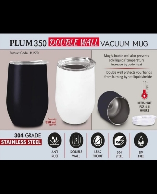 Plum 350: Double wall Vacuum Mug | 304 grade steel | Capacity 350ml Approx