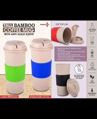 Tall Bamboo Coffee mug: Eco friendly mug with flip top Lid and Anti-Scald sleeve | Capacity 500 ml