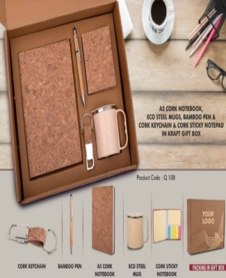 EcoSet 2: Set of A5 Cork notebook, Eco Steel mug, Bamboo Pen, Cork Keychain & Cork Sticky notepad in Kraft Gift Box