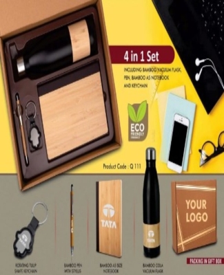 4 in 1 Bamboo set: Keychain, Bamboo vacuum flask, Bamboo pen and A5 bamboo cover notebook in Kraft Gift Box