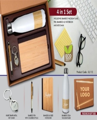 4 in 1 Bamboo set: Keychain, Bamboo vacuum flask, Bamboo pen and A5 bamboo cover notebook in Kraft Gift Box