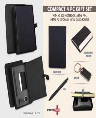 Compact 4 pc Black gift set: A5 size Notebook, Metal pen, Metal PU Keychain, Metal Card holder