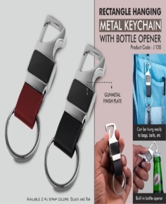 Rectangle hanging metal keychain with Bottle Opener | Gunmetal Plate with PU strap